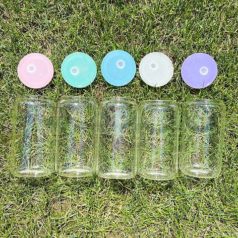 16oz Clear Beer Cans with Plastic Coloured Lid and Plastic Straw