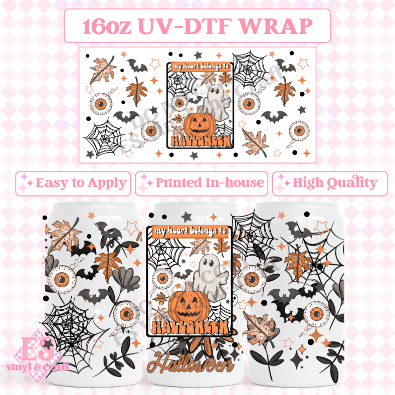 My Heart Belongs to Halloween - 16oz Beer Can / Libbey UV-DTF Transfers image 0