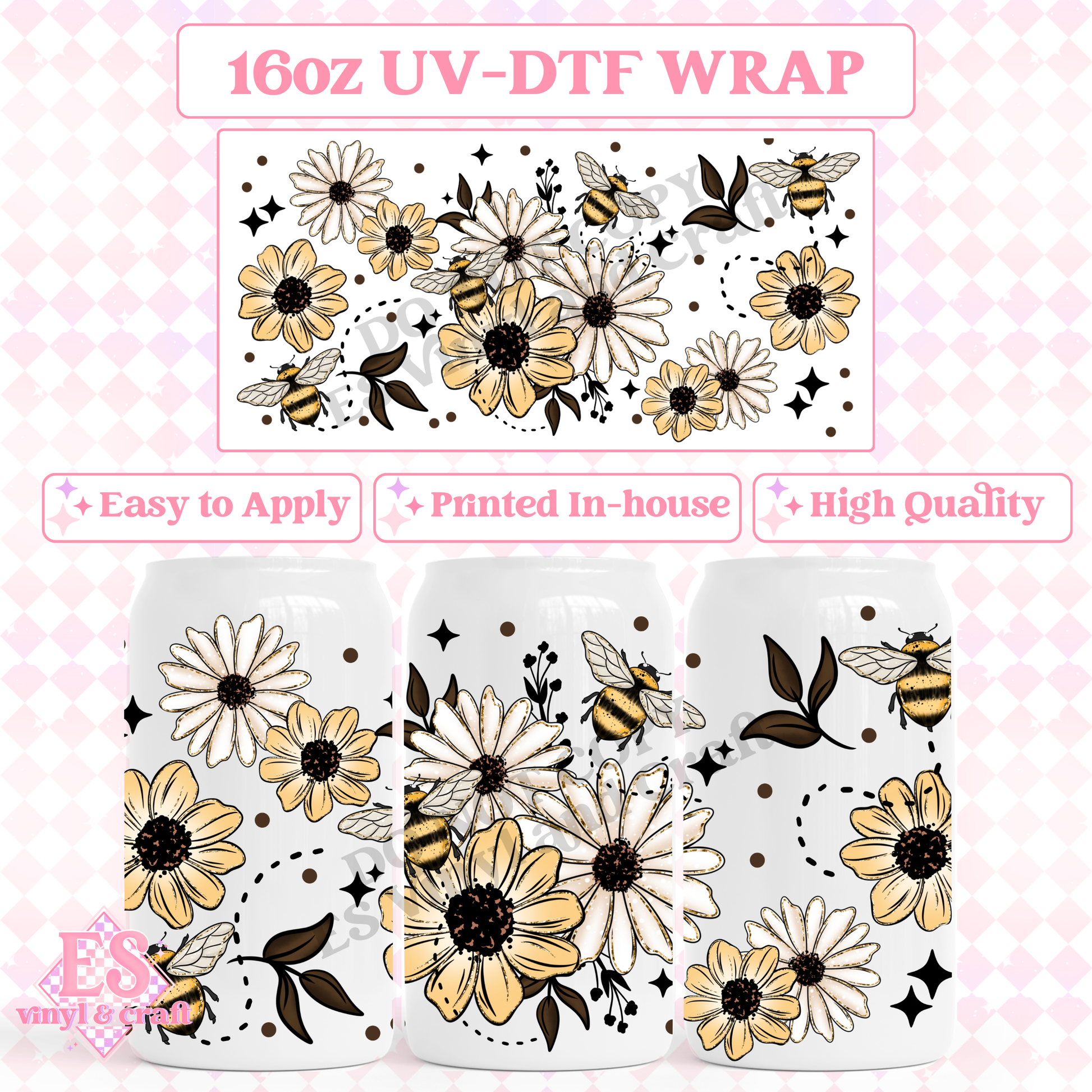 Floral Bees - 16oz Beer Can / Libbey UV-DTF image 0