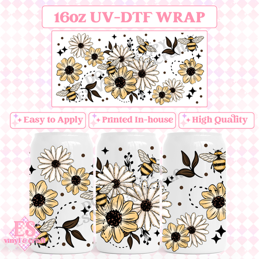 Floral Bees - 16oz Beer Can / Libbey UV-DTF image 0