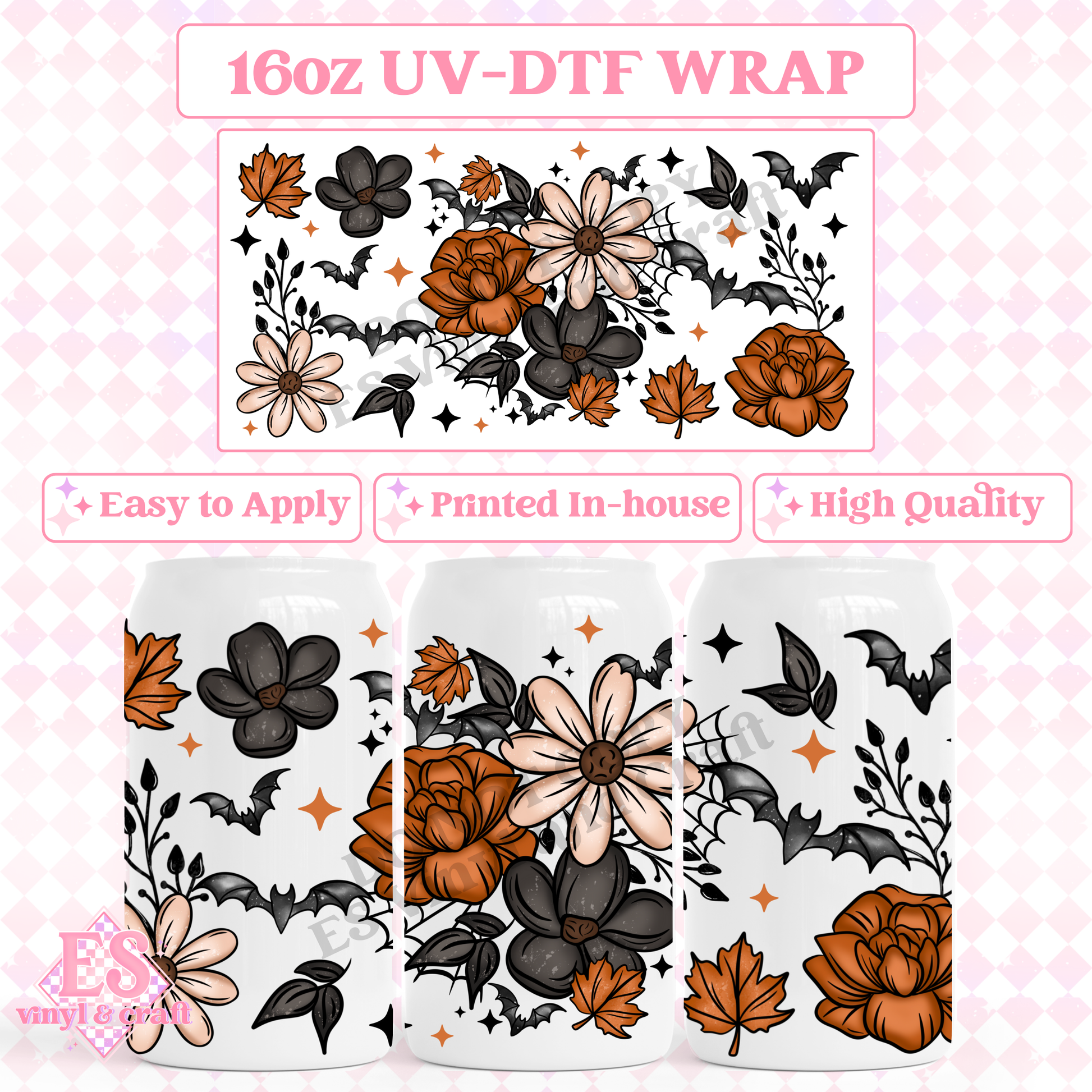 Autumn Bat Florals - 16oz Beer Can / Libbey UV-DTF Transfer image 0