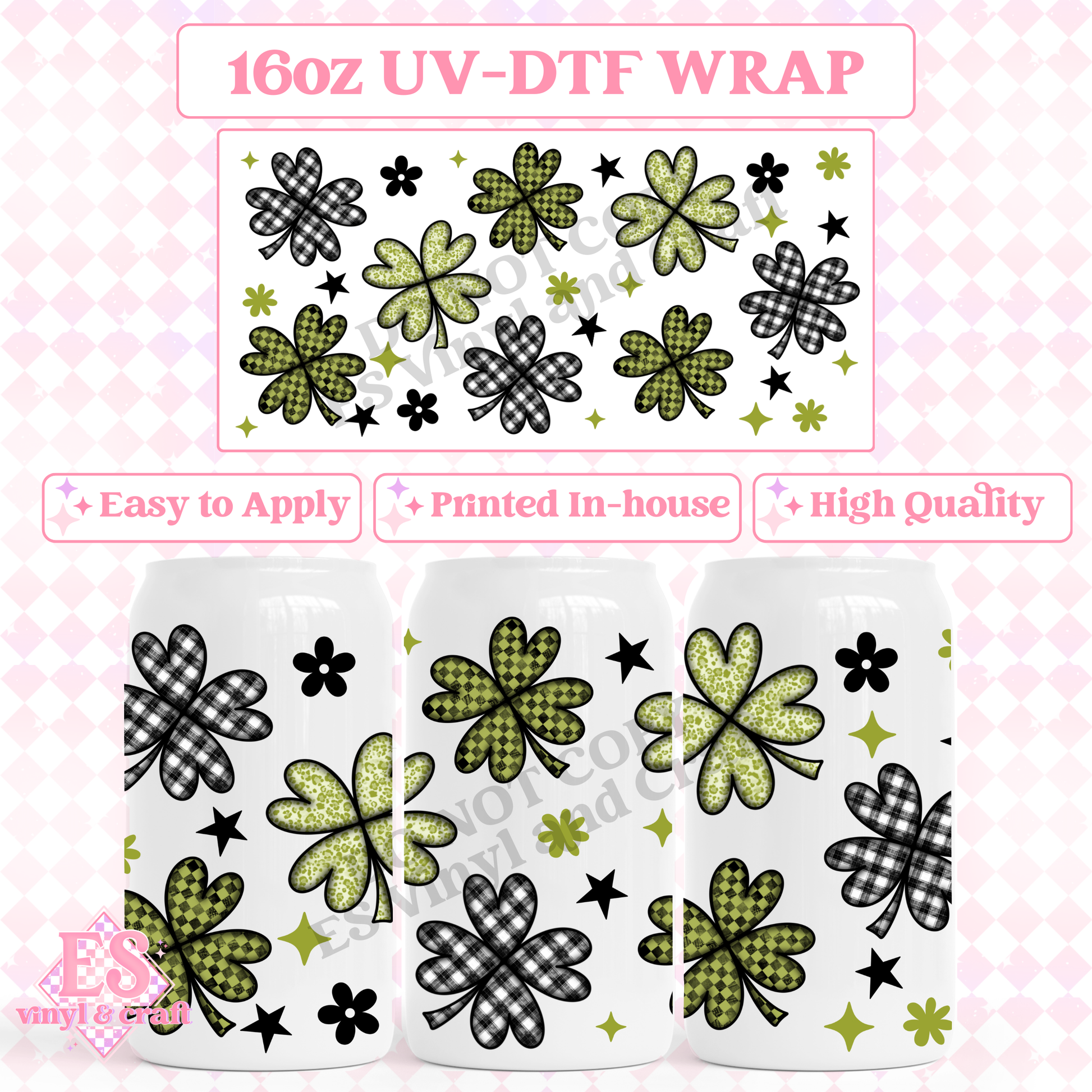 Patterned Clovers - 16oz Beer Can / Libbey UV-DTF image 0