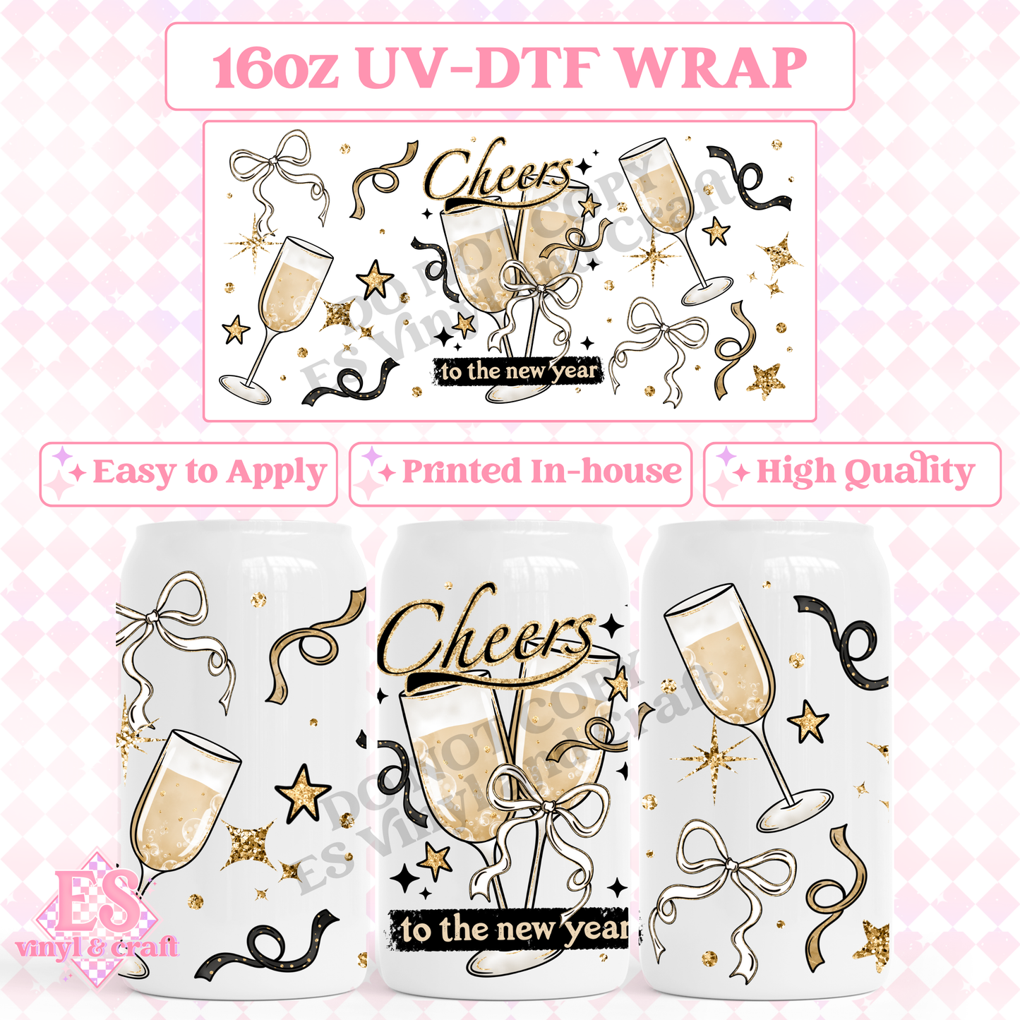 New Years Cheers - 16oz Beer Can / Libbey UV-DTF Transfer image 0