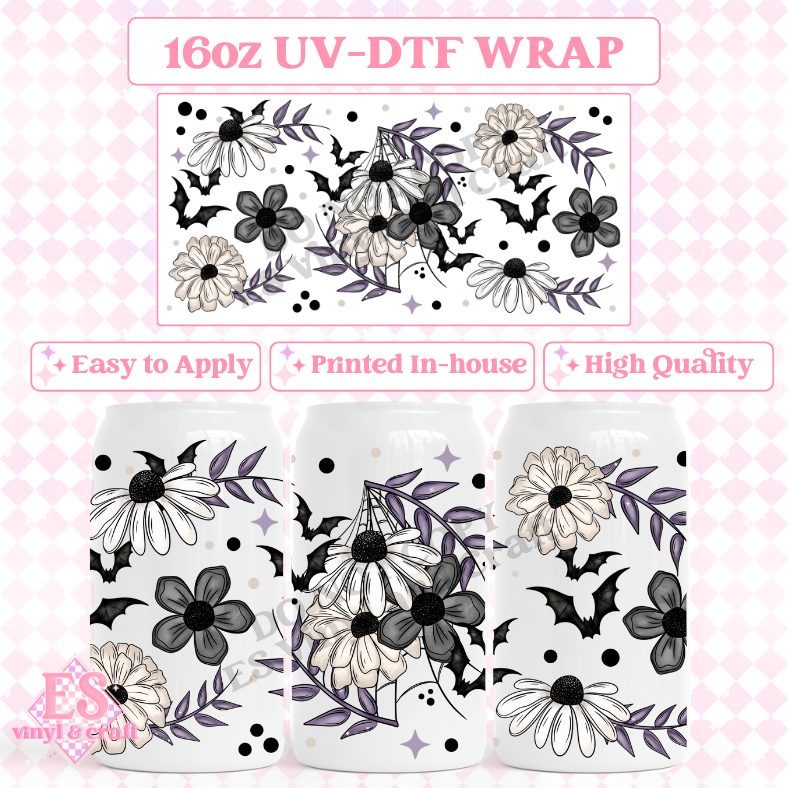 Floral Bat - 16oz Beer Can / Libbey UV-DTF Transfer image 0