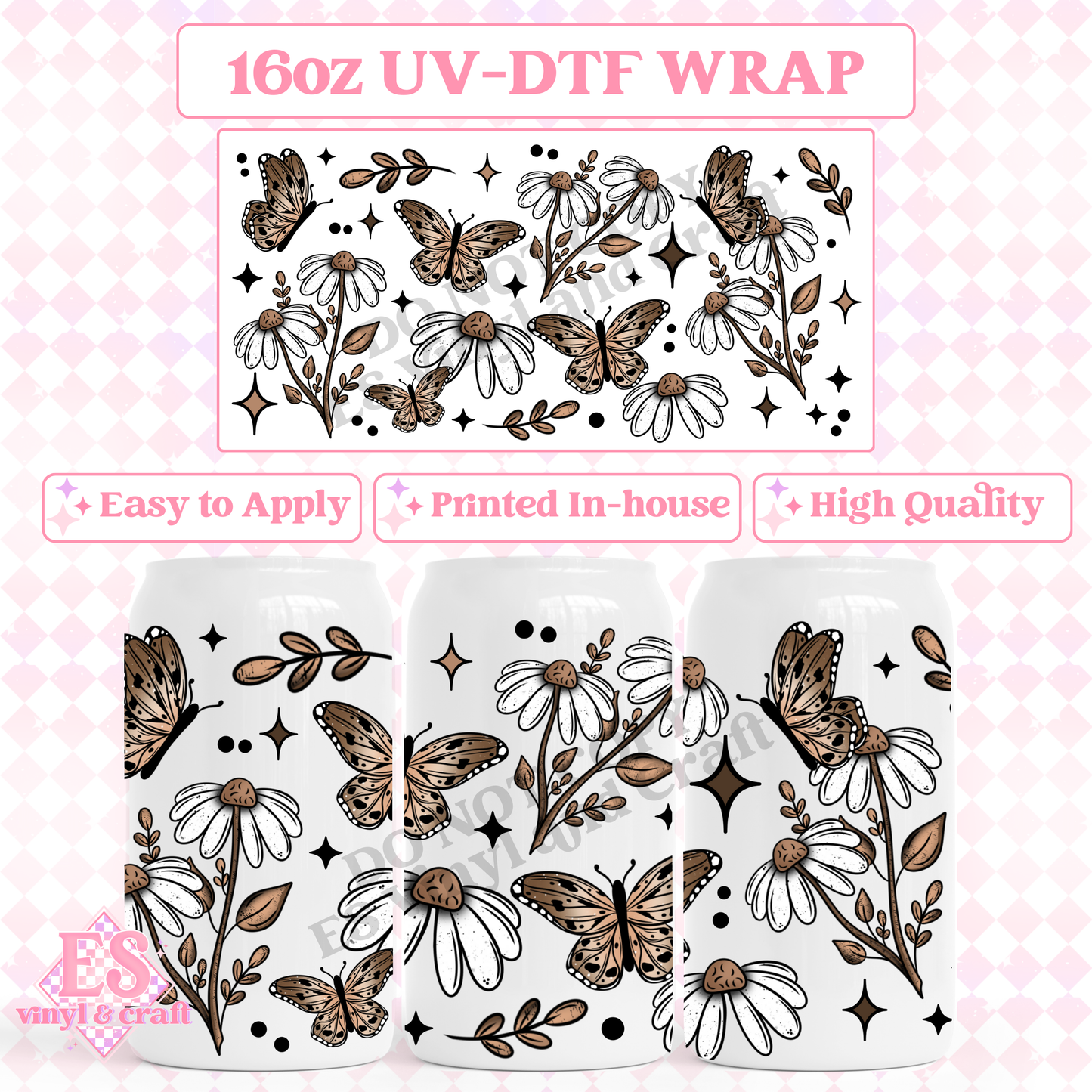 Daisy Butterfly - 16oz Beer Can / Libbey UV-DTF Transfer image 0