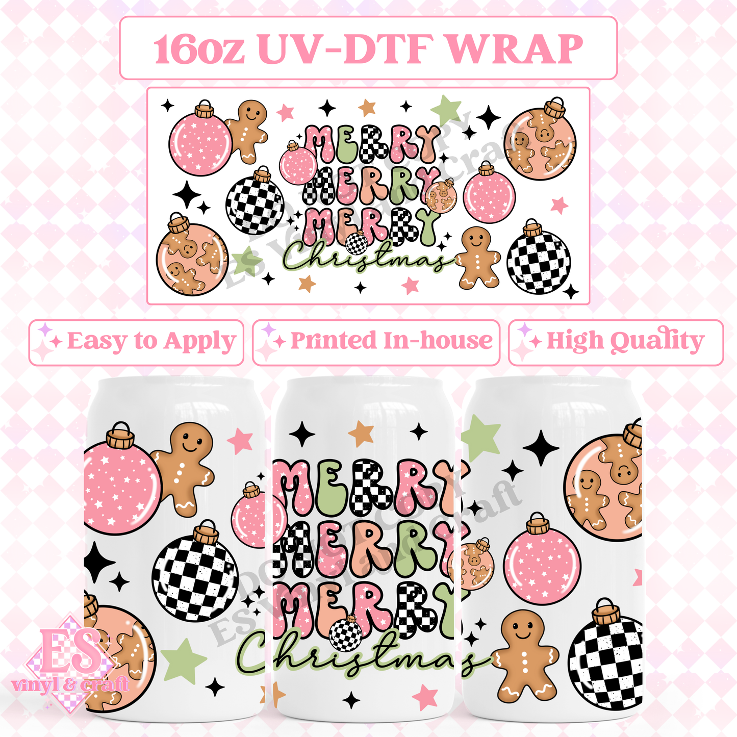 Merry, Merry, Christmas (Pink and Green) - 16oz Beer Can / Libbey UV-DTF image 0