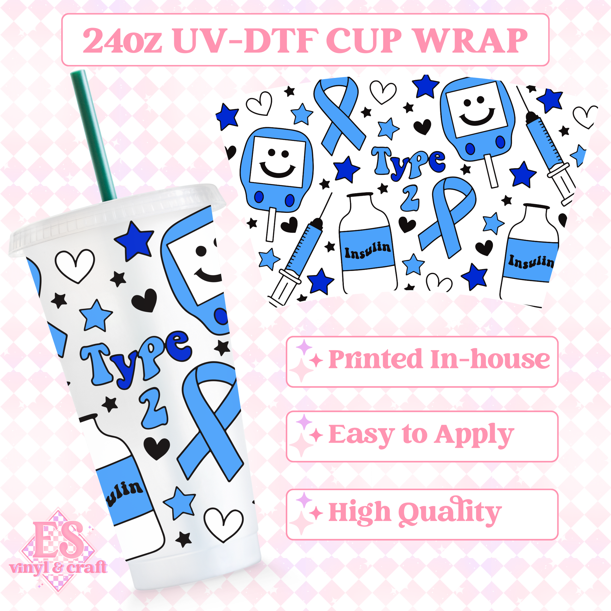 Diabetes Type 2 - UVDTF 24oz Cold Cup Wrap image 0