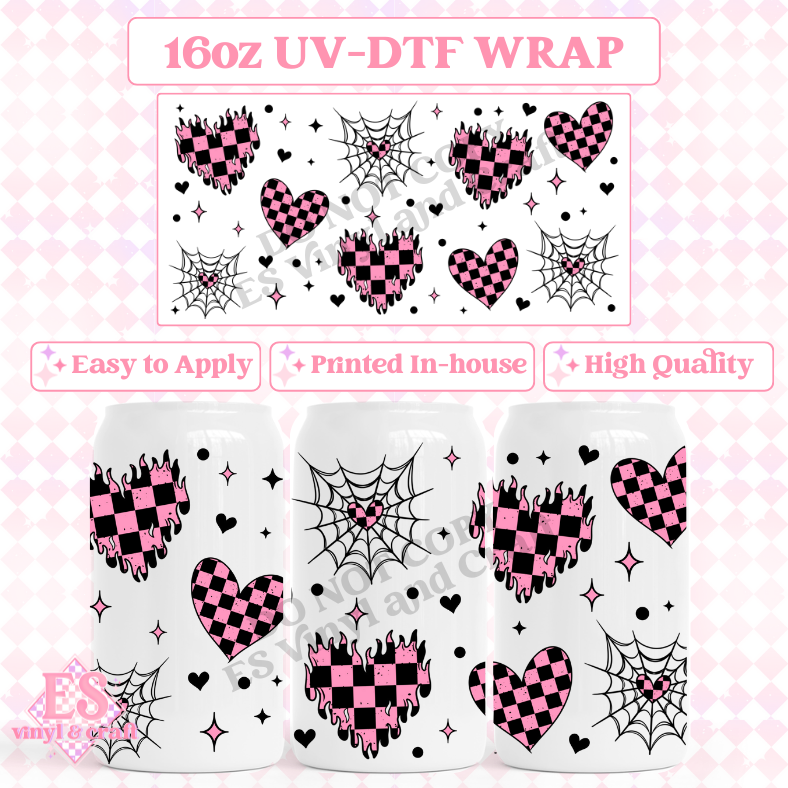 Hearts Black and Pink - 16oz Beer Can / Libbey UV-DTF Transfer image 0
