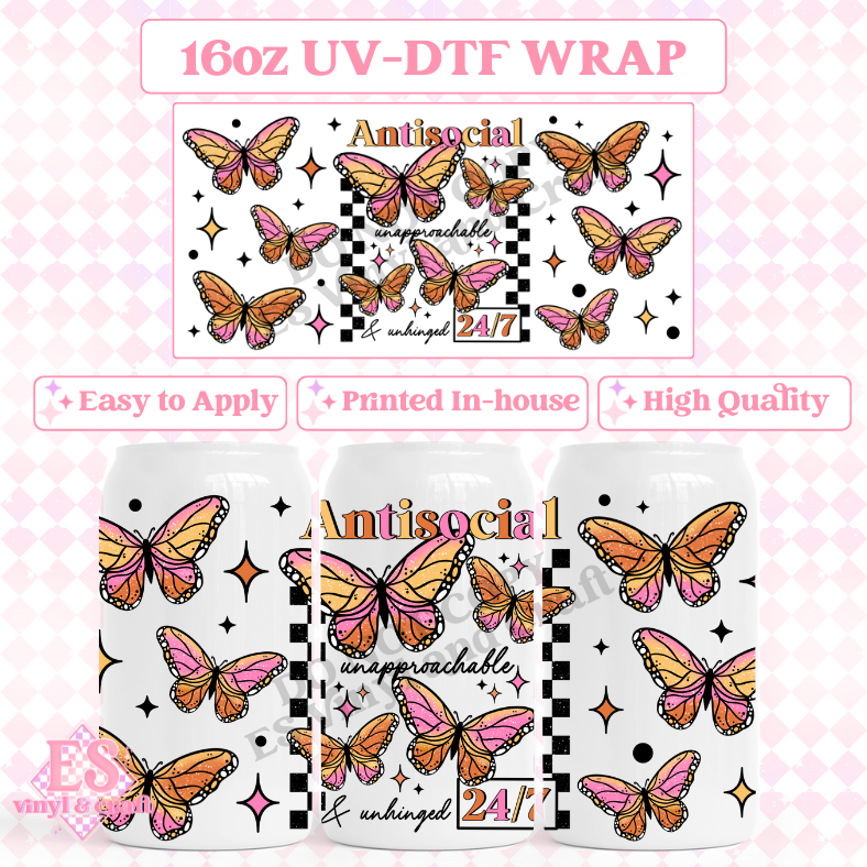 Antisocial Butterflies - 16oz Beer Can / Libbey UV-DTF image 0