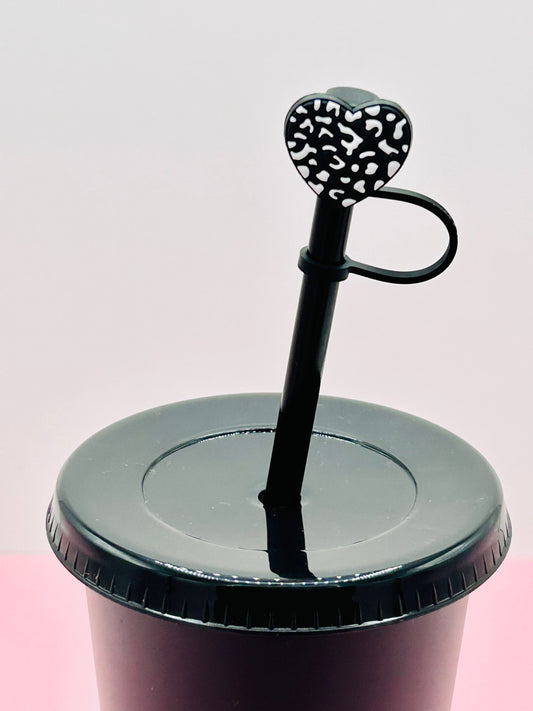 Straw Topper - Black and White Leopard Heart image 0