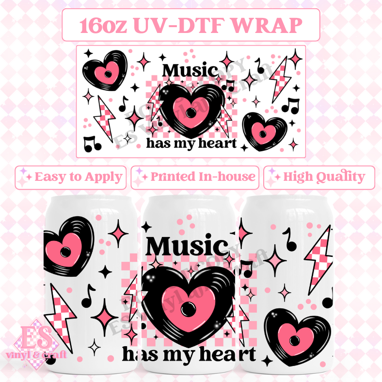 Music has my Heart (Black Elements) - 16oz Beer Can / Libbey UV-DTF Transfer image 0