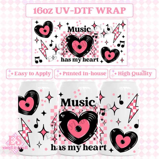 Music has my Heart (Black Elements) - 16oz Beer Can / Libbey UV-DTF Transfer image 0