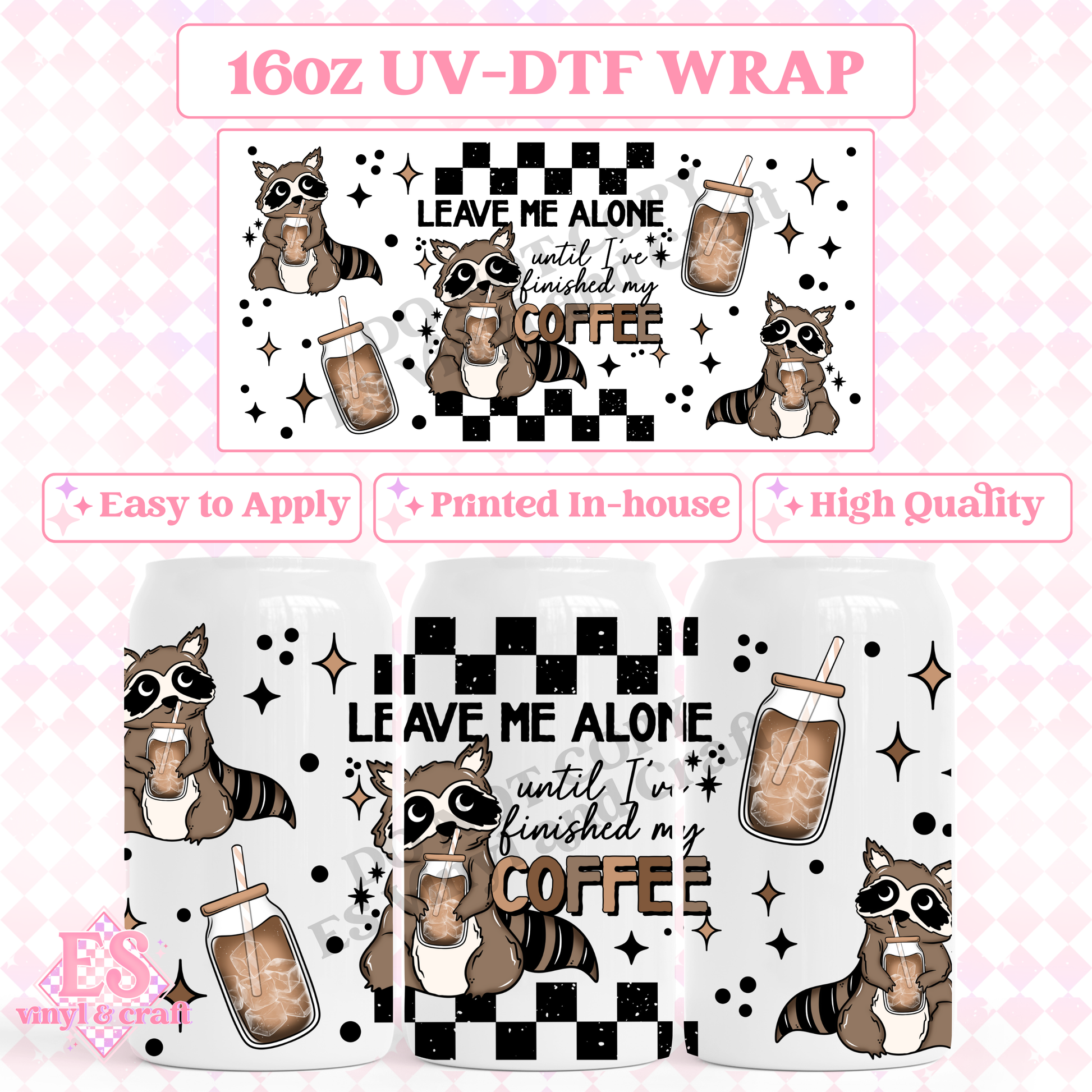 Coffee Raccoon - 16oz Beer Can / Libbey UV-DTF Transfer image 0