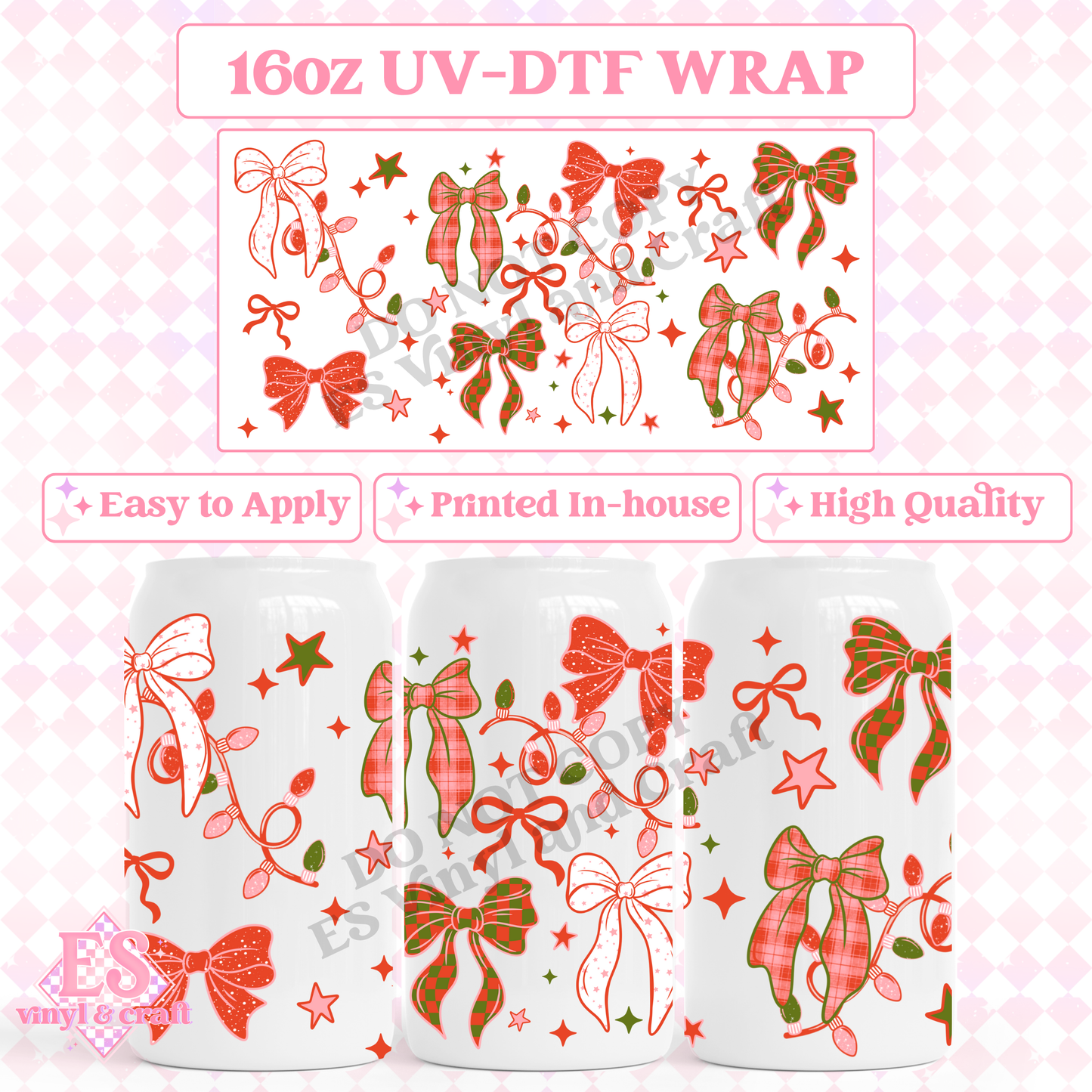 Christmas Bows - 16oz Beer Can / Libbey UV-DTF image 0