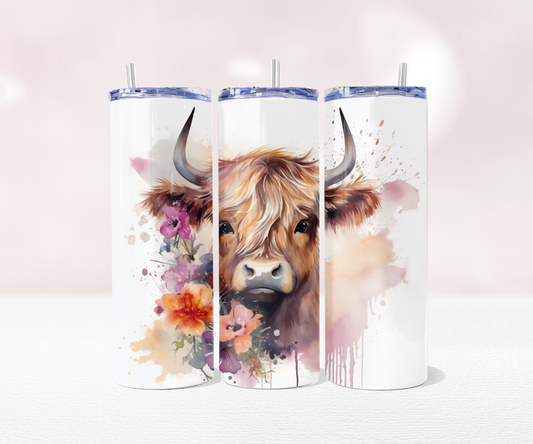 Highland Cow Pink Flower - Full 20oz Tumbler Sublimation Ready To Print image 0
