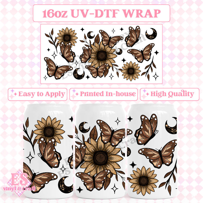 Sunflower Butterflies - 16oz Beer Can / Libbey UV-DTF Transfer image 0