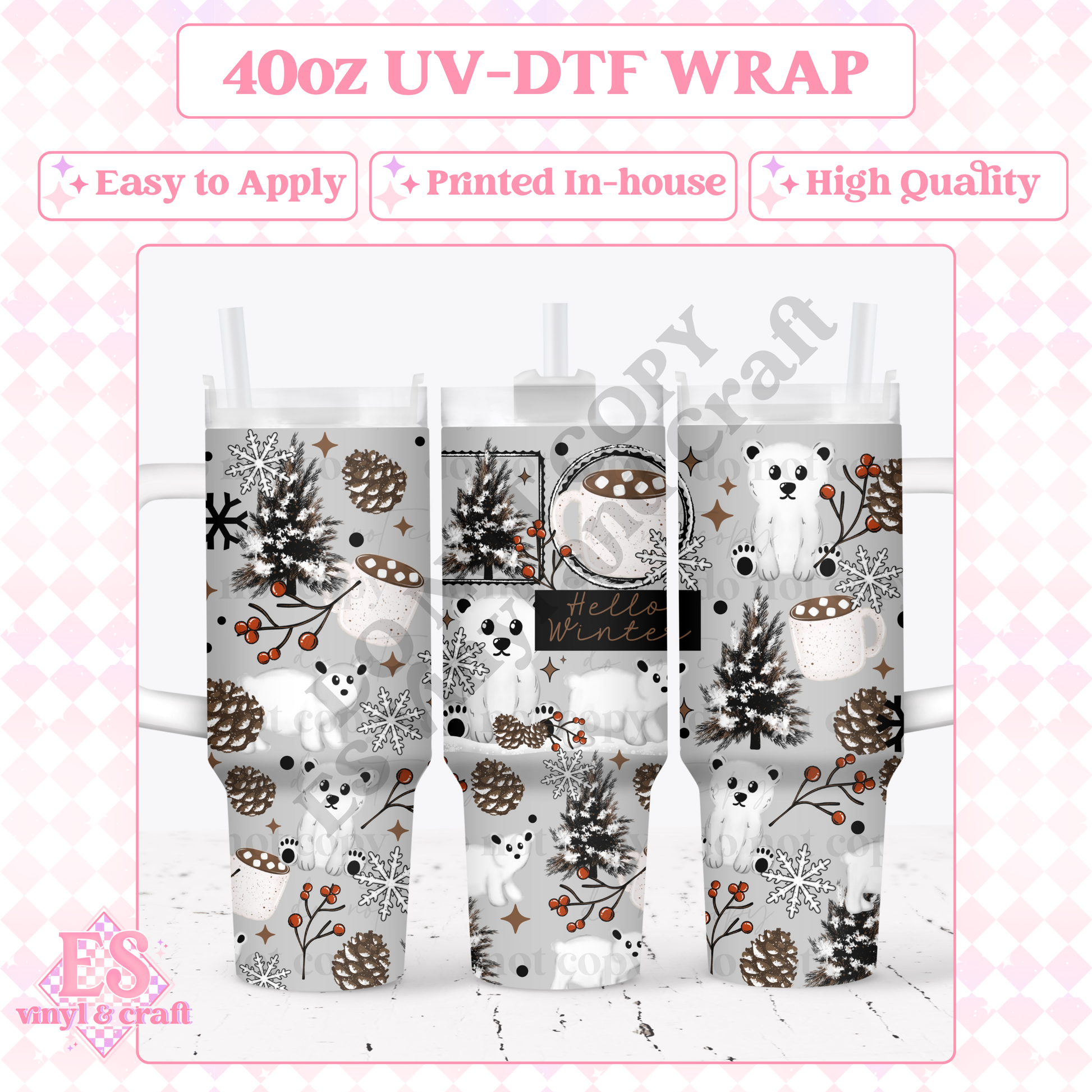 Hello Winter - 40oz Tumbler Wraps - UV-DTF (Top & Bottom) image 0