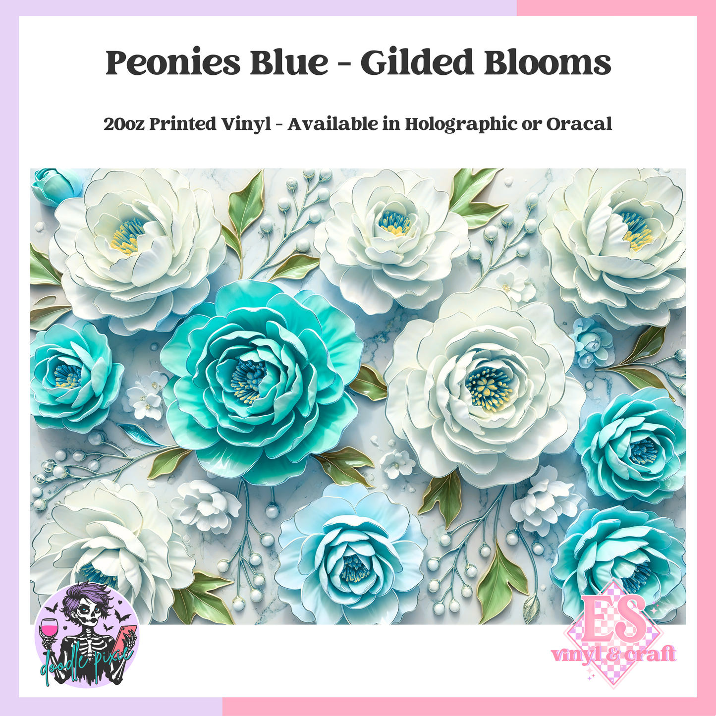 Peonies Blue - 20oz Printed Tumbler Self Adhesive Vinyl image 0