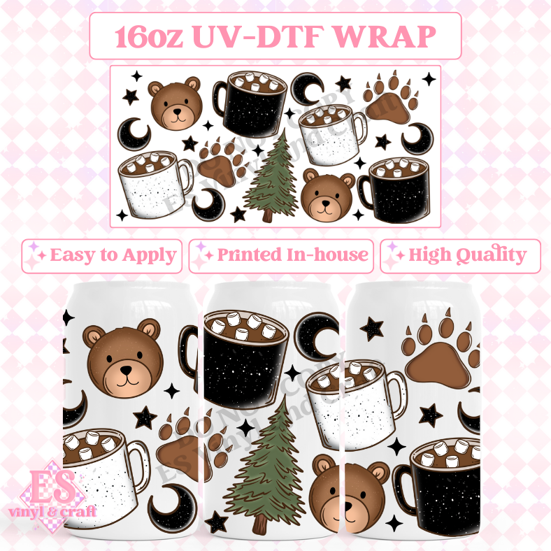 Bear Camping Mug - 16oz Beer Can / Libbey UV-DTF image 0