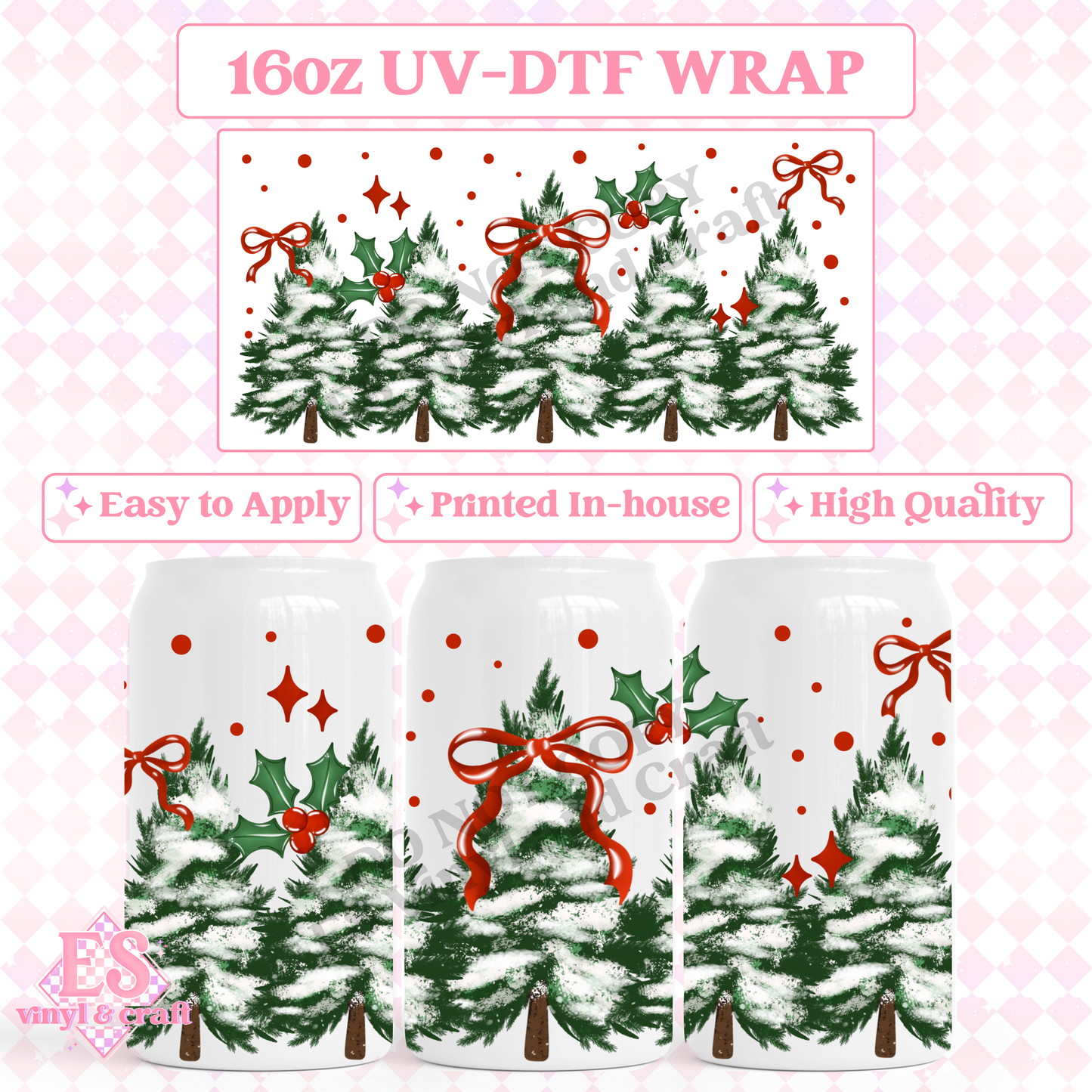 Holly, Trees and Bows - 16oz Beer Can / Libbey UV-DTF image 0