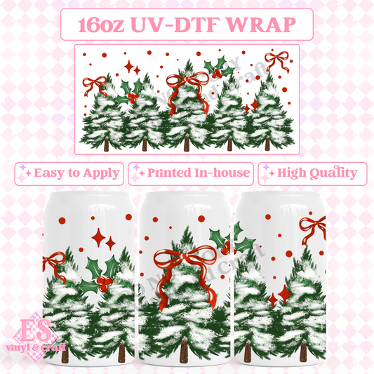 Holly, Trees and Bows - 16oz Beer Can / Libbey UV-DTF image 0