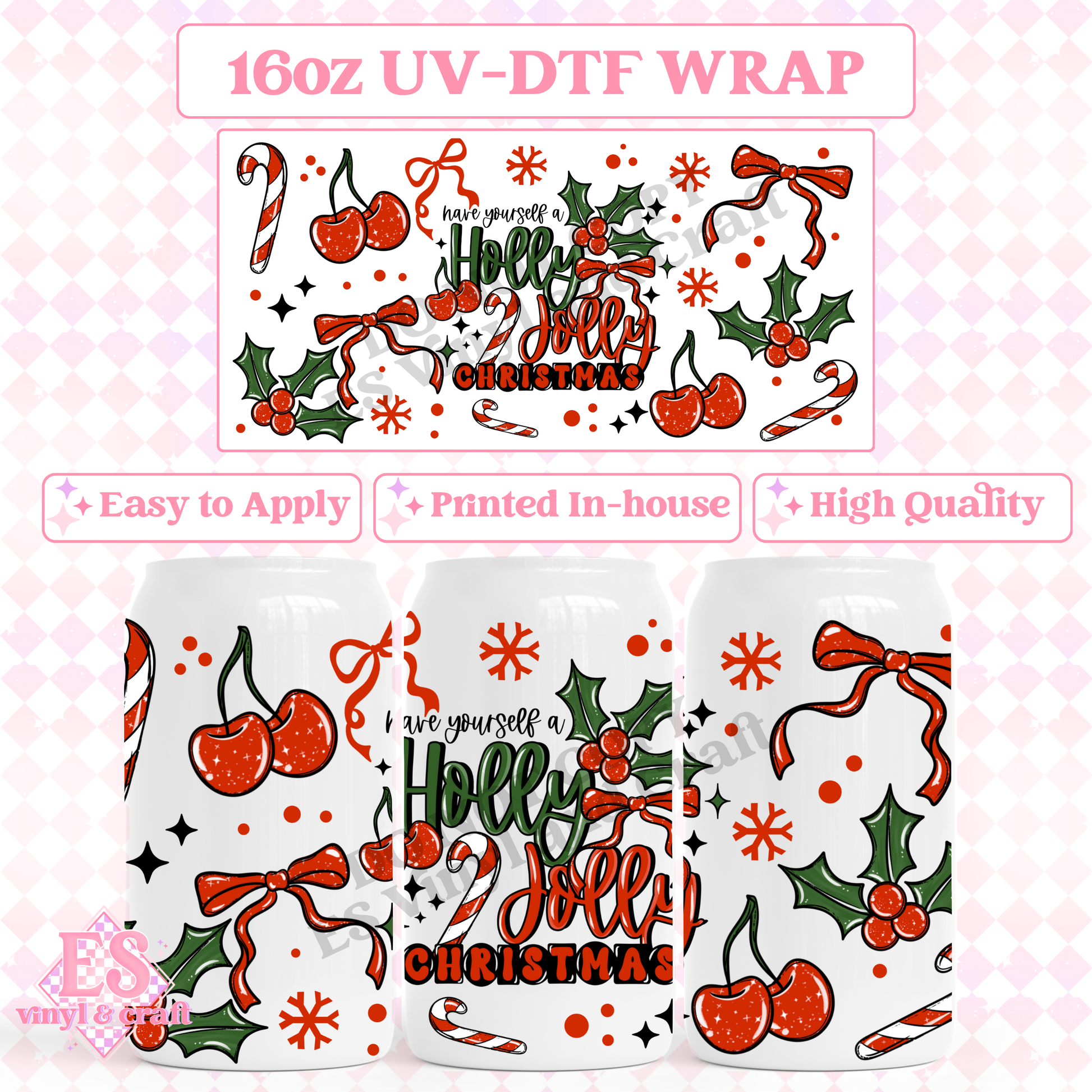 Holly Jolly - 16oz Beer Can / Libbey UV-DTF Transfer image 0