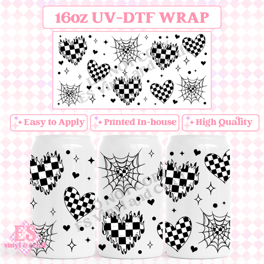 Hearts Black and White - 16oz Beer Can / Libbey UV-DTF Transfer image 0