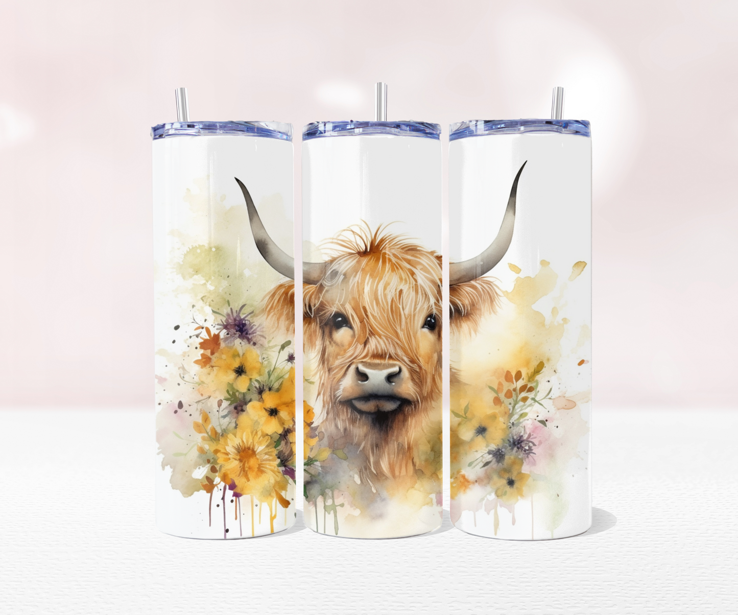 Highland Cow Yellow Flower - Full 20oz Tumbler Sublimation Ready To Print image 0