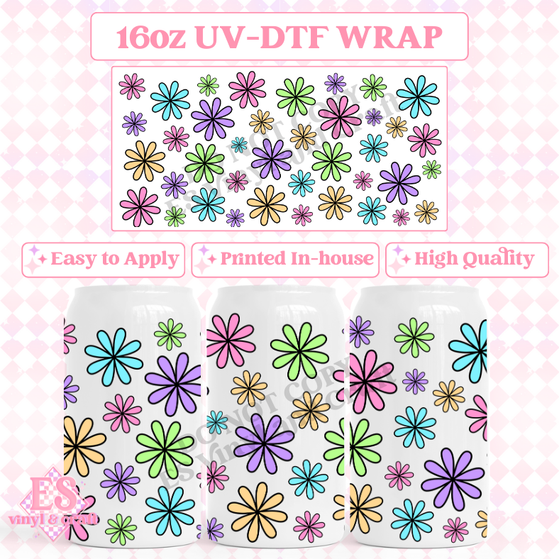 Rainbow Flowers - 16oz Beer Can / Libbey UV-DTF Transfers image 0