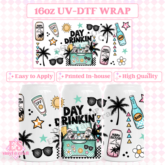 Day Drinkin - 16oz Beer Can / Libbey UV-DTF Transfer image 0