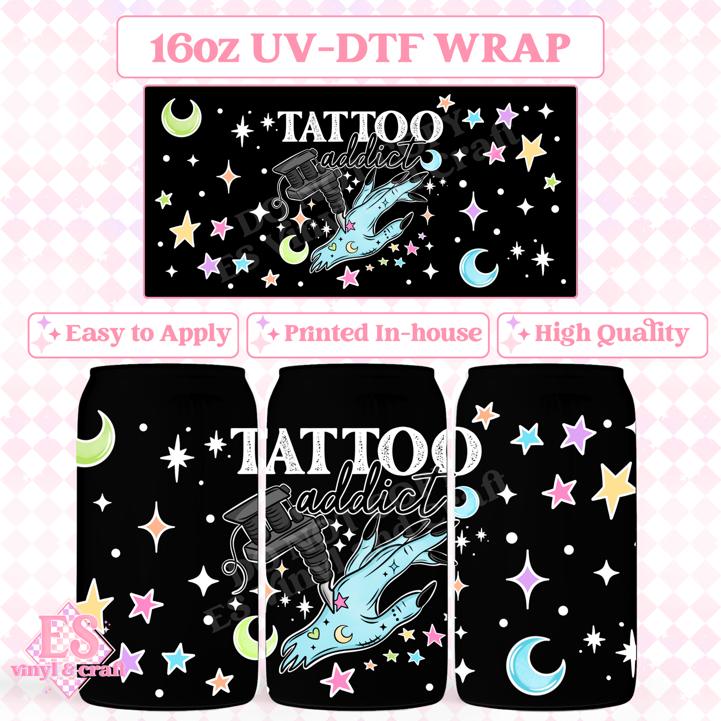 Tattoo Addict (White Elements) - 16oz Beer Can / Libbey UV-DTF Transfer image 0