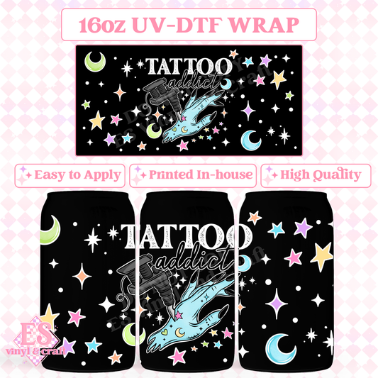 Tattoo Addict (White Elements) - 16oz Beer Can / Libbey UV-DTF Transfer image 0