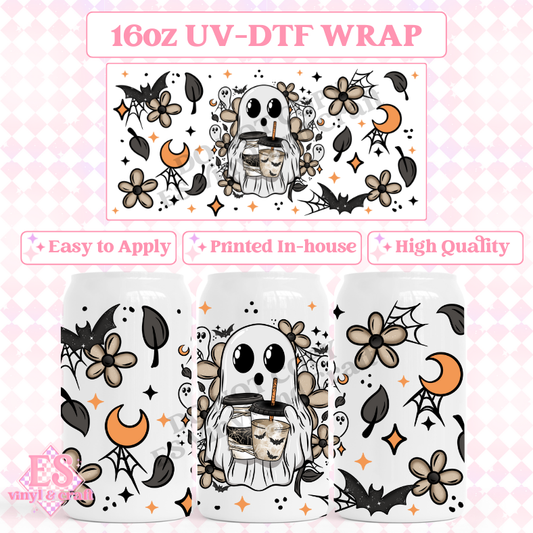 Floral Coffee Ghost - 16oz Beer Can / Libbey UV-DTF image 0