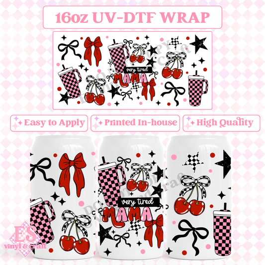 Very Tired Mama Girly - 16oz Beer Can / Libbey UV-DTF image 0