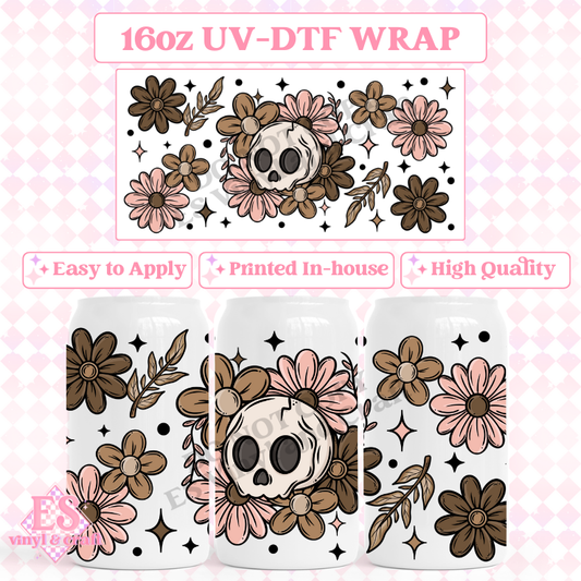 Floral Skellie - 16oz Beer Can / Libbey UV-DTF Transfer image 0