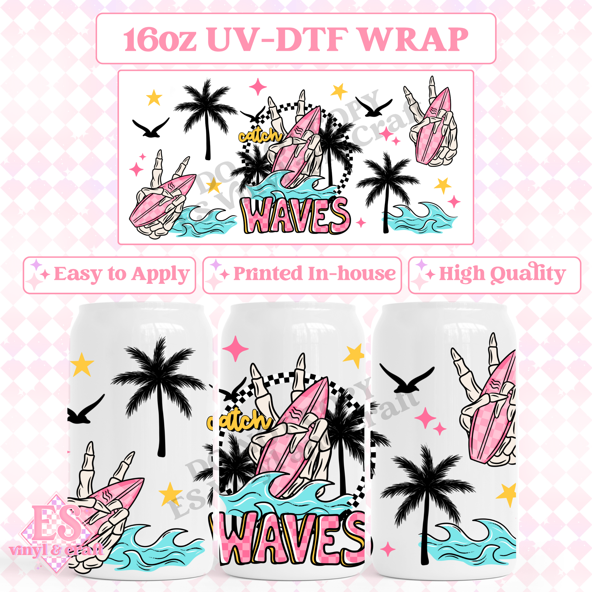 Catch Waves - 16oz Beer Can / Libbey UV-DTF Transfer image 0