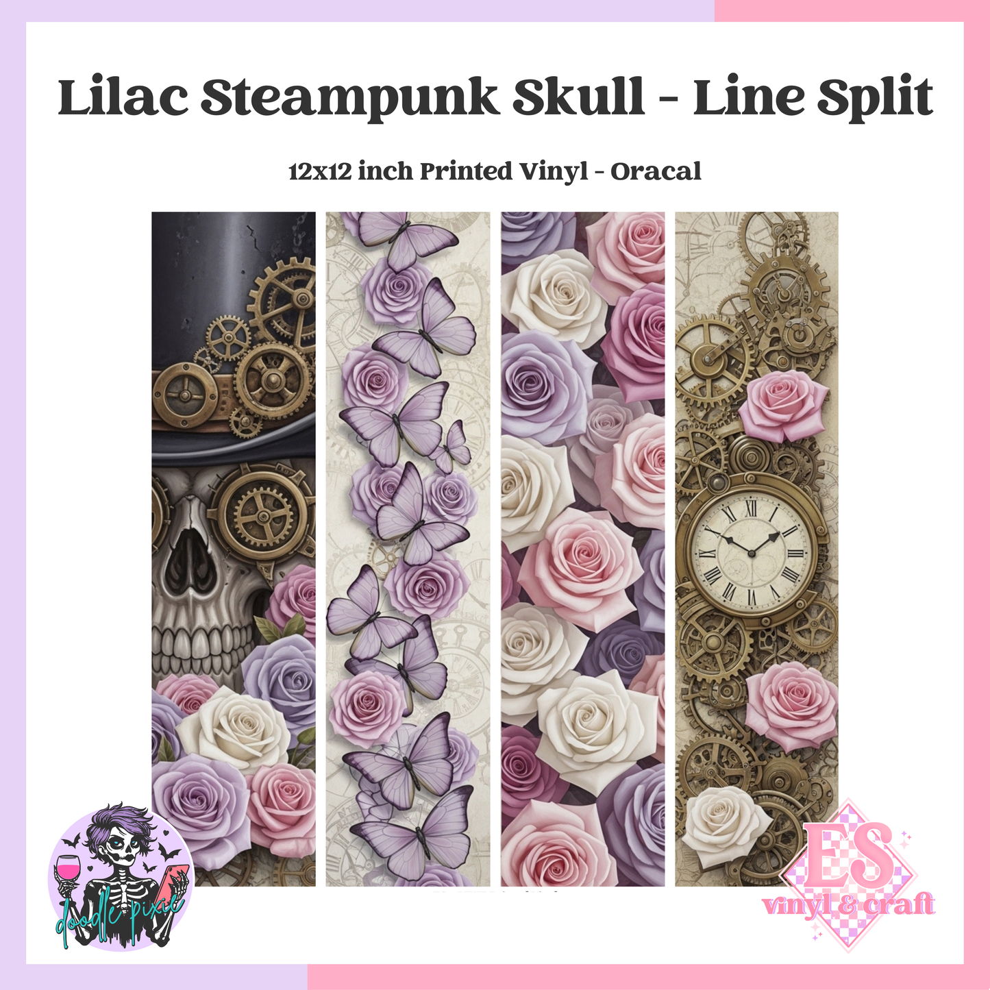 Lilac Steampunk Skull - Line Split 12" x 12" Printed Vinyl image 0