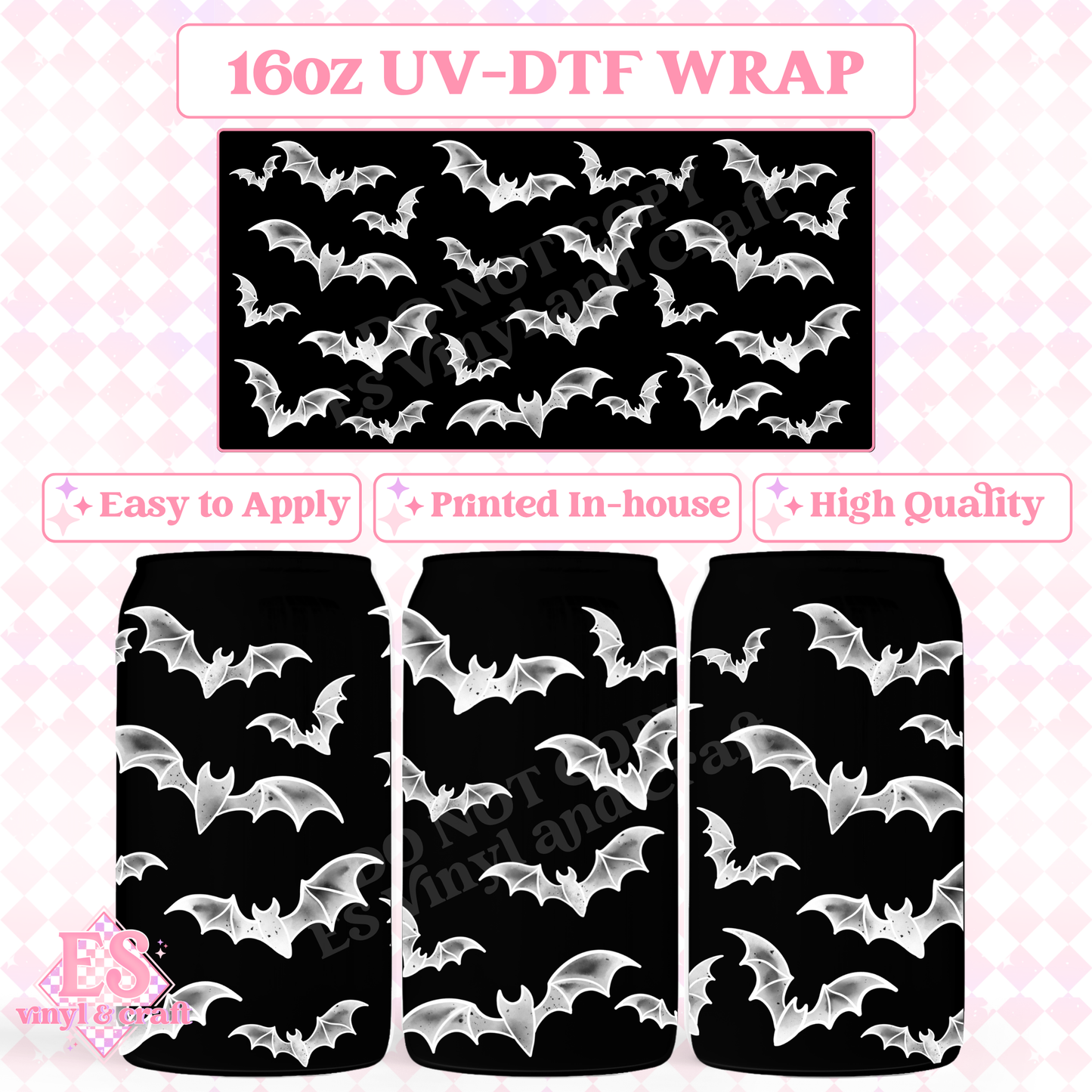 Bats (White) - 16oz Beer Can / Libbey UV-DTF Transfer image 0