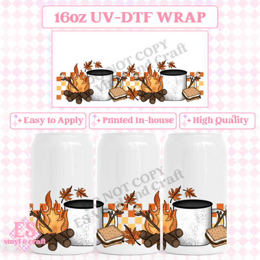 Autumn Camping Border - 16oz Beer Can / Libbey UV-DTF Transfer image 0