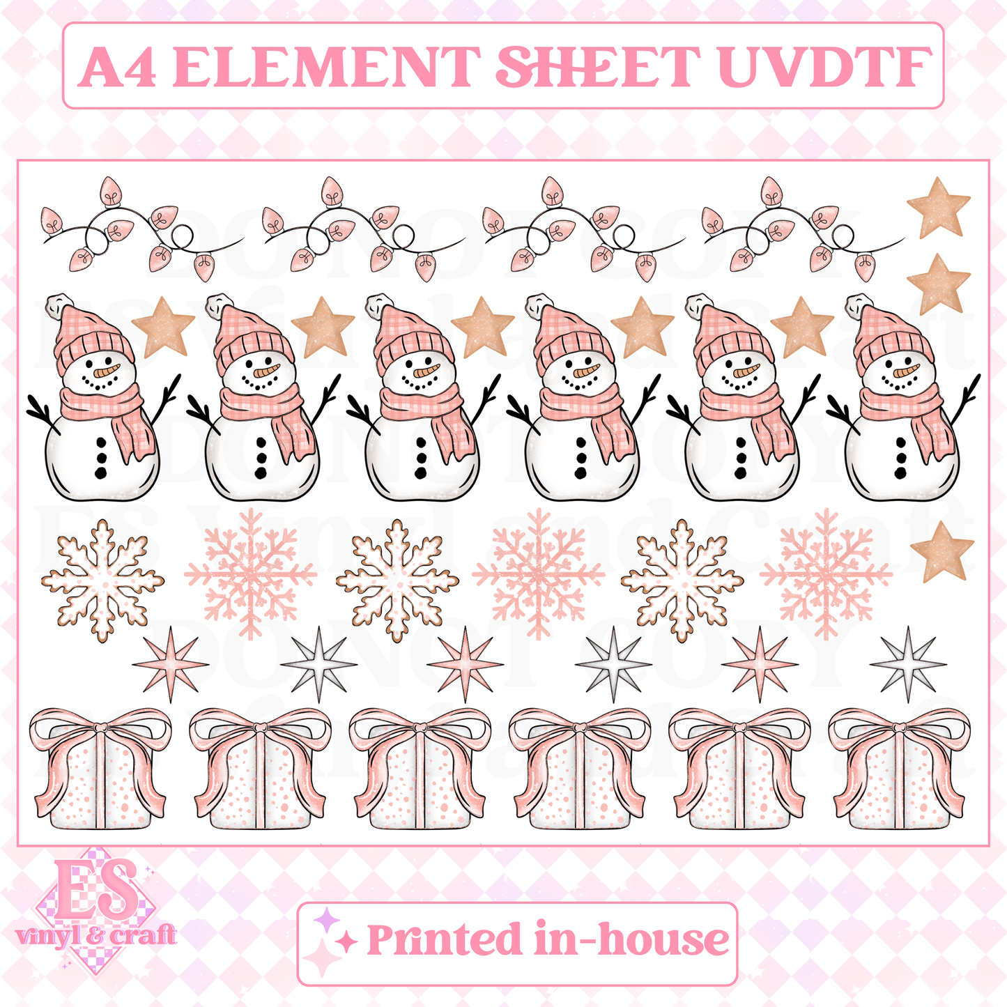 Pink Christmas Snowmen & Presents - UVDTF (A4 Sheet) 210mm x 300mm image 0