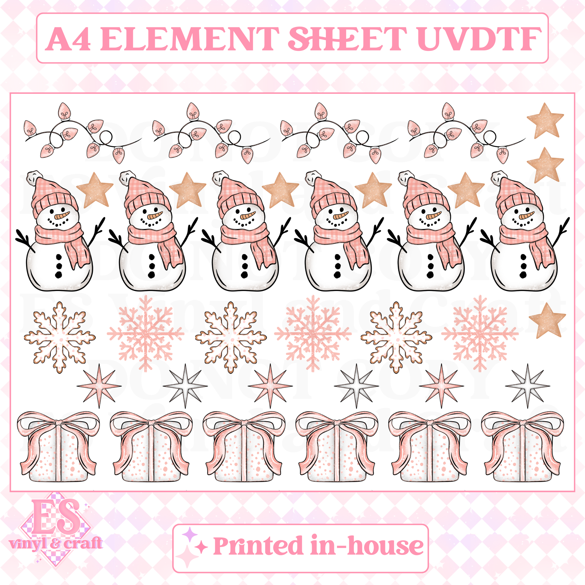 Pink Christmas Snowmen & Presents - UVDTF (A4 Sheet) 210mm x 300mm image 0