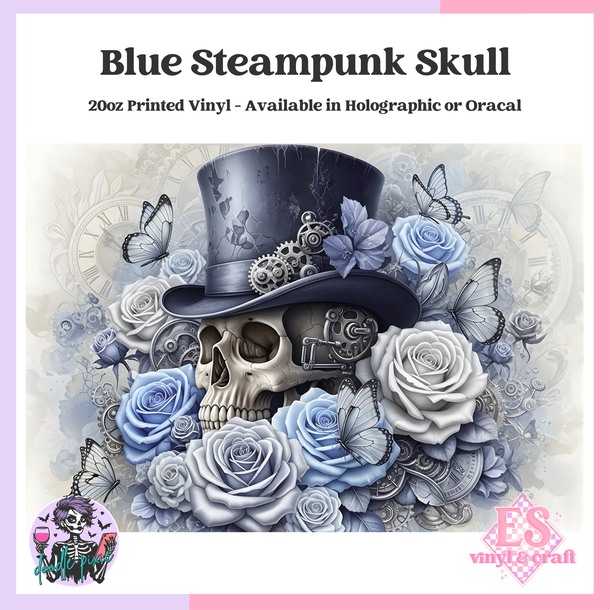 Blue Steampunk Skull - 20oz Printed Tumbler Self Adhesive Vinyl image 0