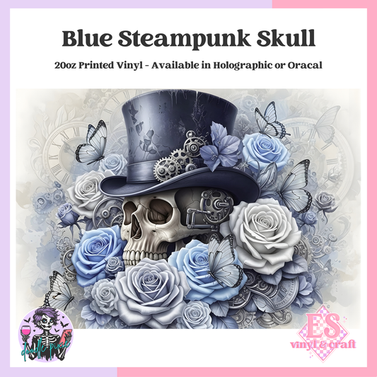 Blue Steampunk Skull - 20oz Printed Tumbler Self Adhesive Vinyl image 0