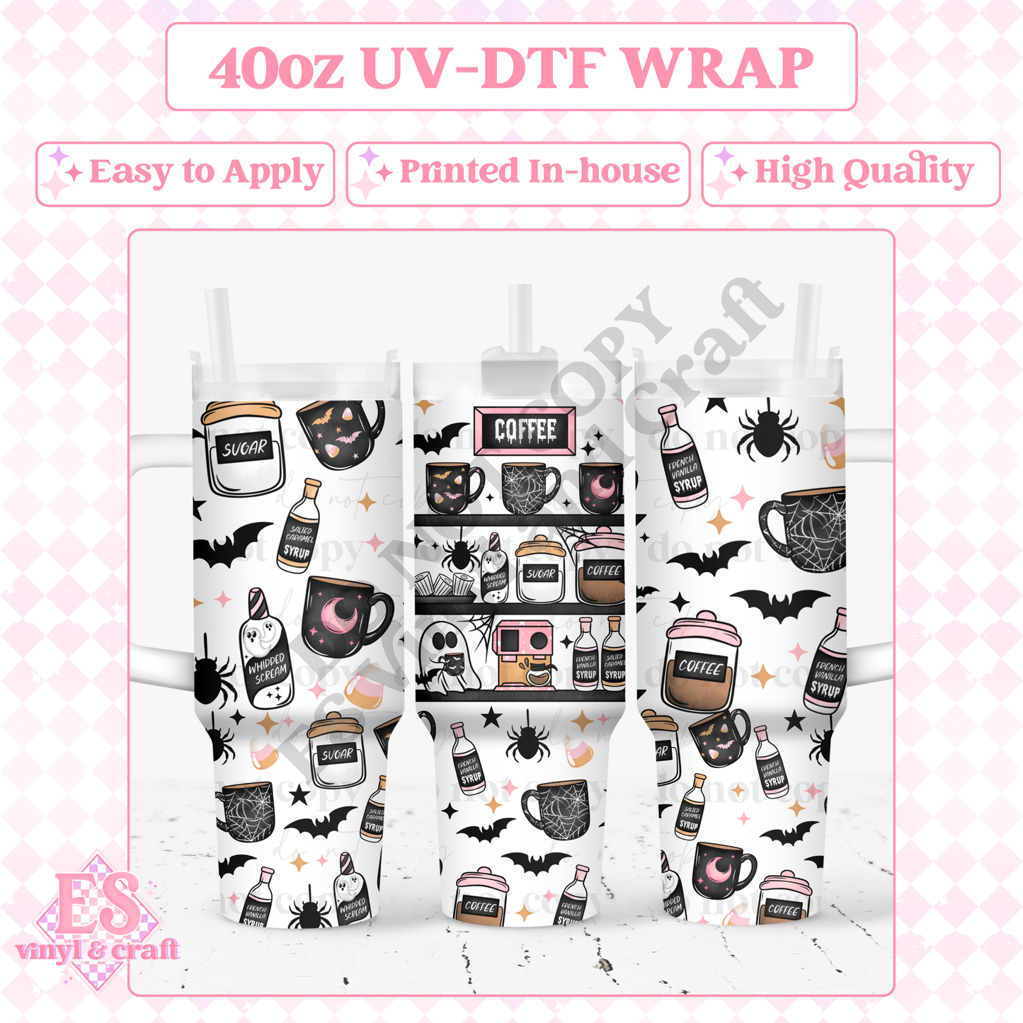 Spooky Coffee Bar - 40oz Tumbler Wraps - UV-DTF (2 Wraps - Top and Bo image 0