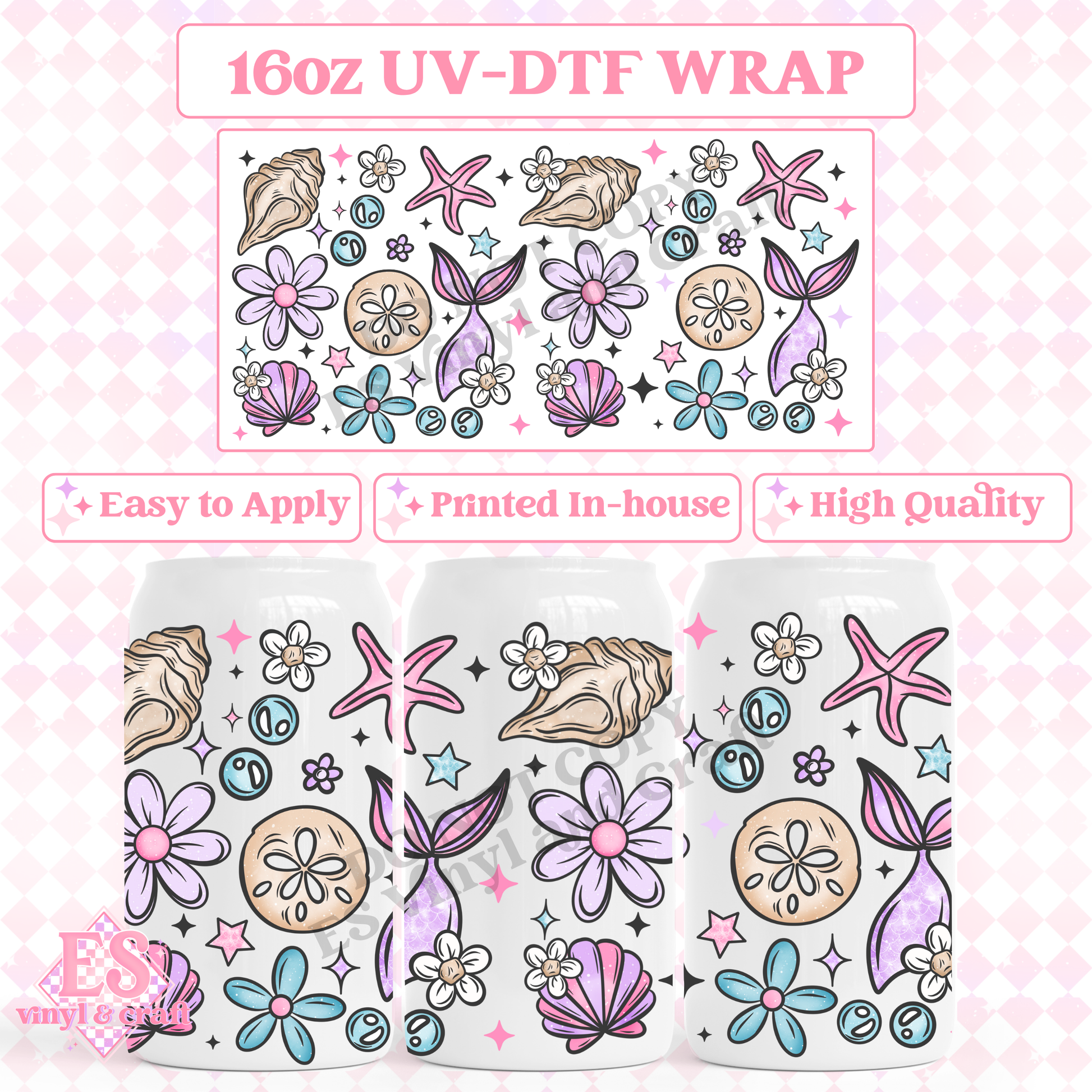 Mermaid Florals - 16oz Beer Can / Libbey UV-DTF Transfer image 0