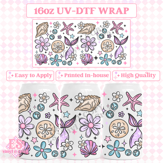 Mermaid Florals - 16oz Beer Can / Libbey UV-DTF Transfer image 0