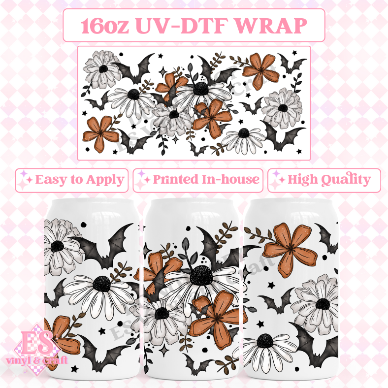 Bat Florals - 16oz Beer Can / Libbey UV-DTF Transfer image 0