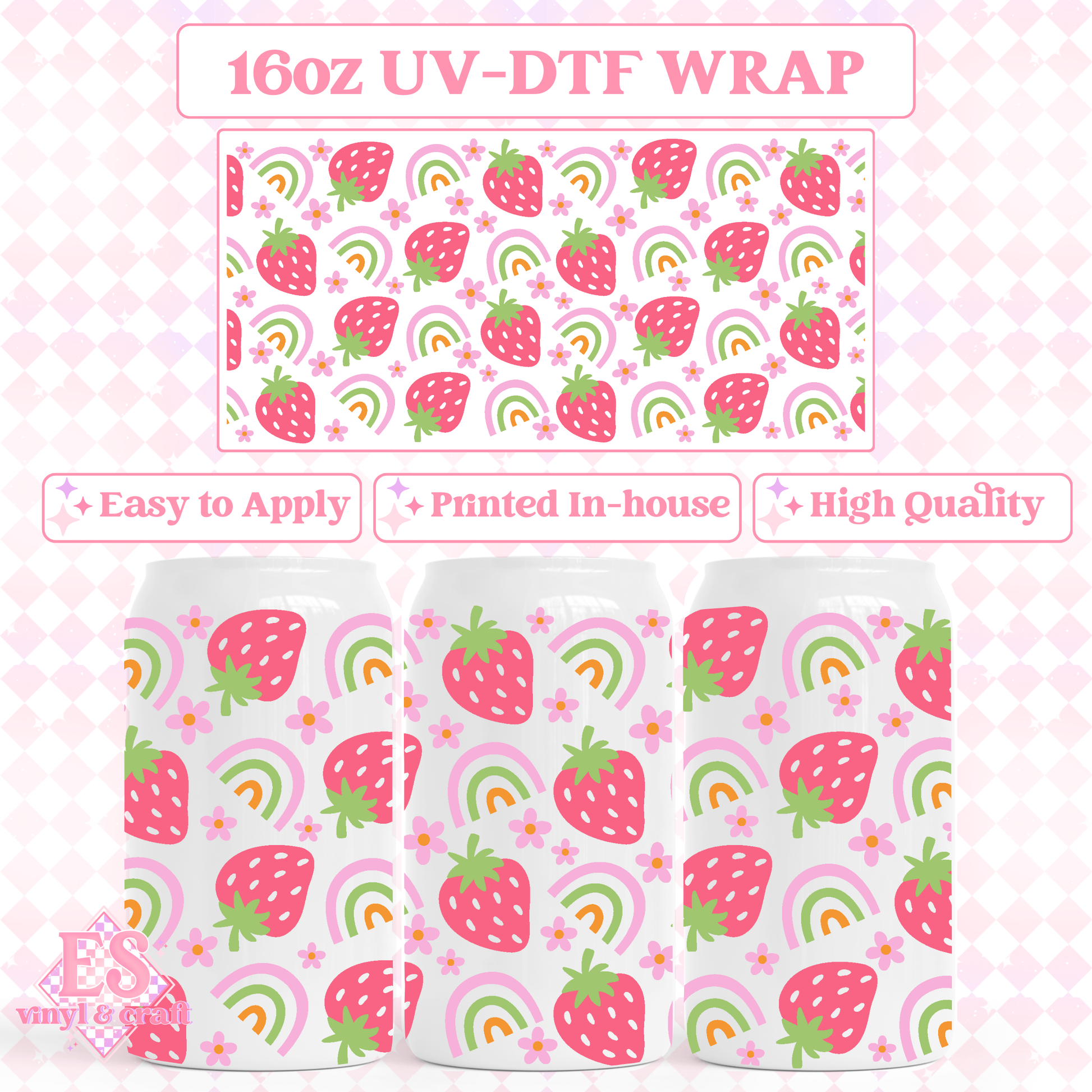 Strawberries and Rainbows - 16oz Beer Can / Libbey UV-DTF Transfer image 0