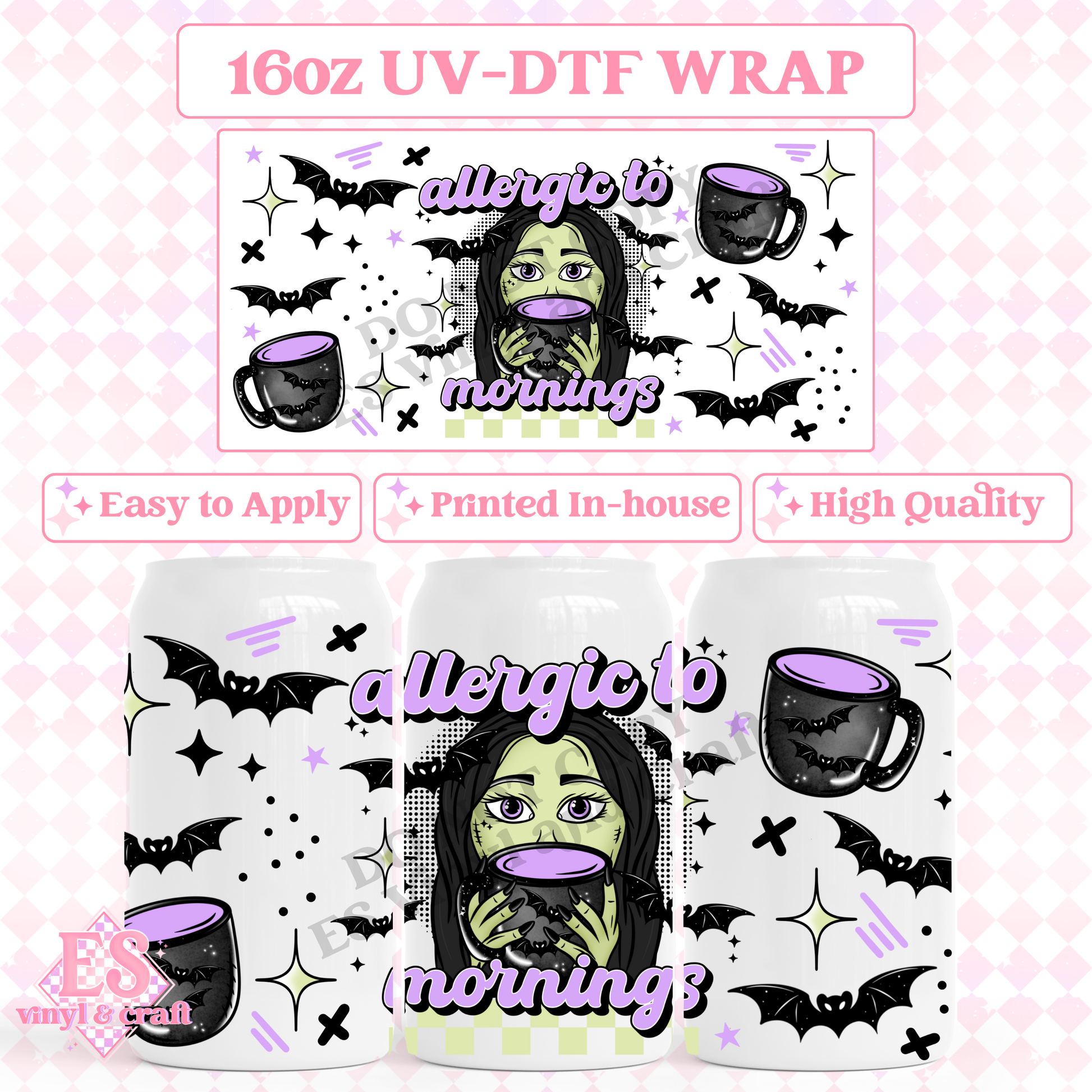 Allergic to Mornings - 16oz Beer Can / Libbey UV-DTF Transfer image 0