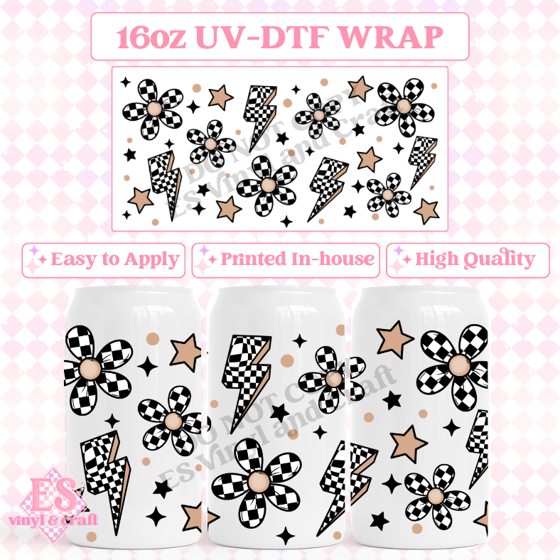 Checker Flowers - 16oz Beer Can / Libbey UV-DTF Transfer image 0